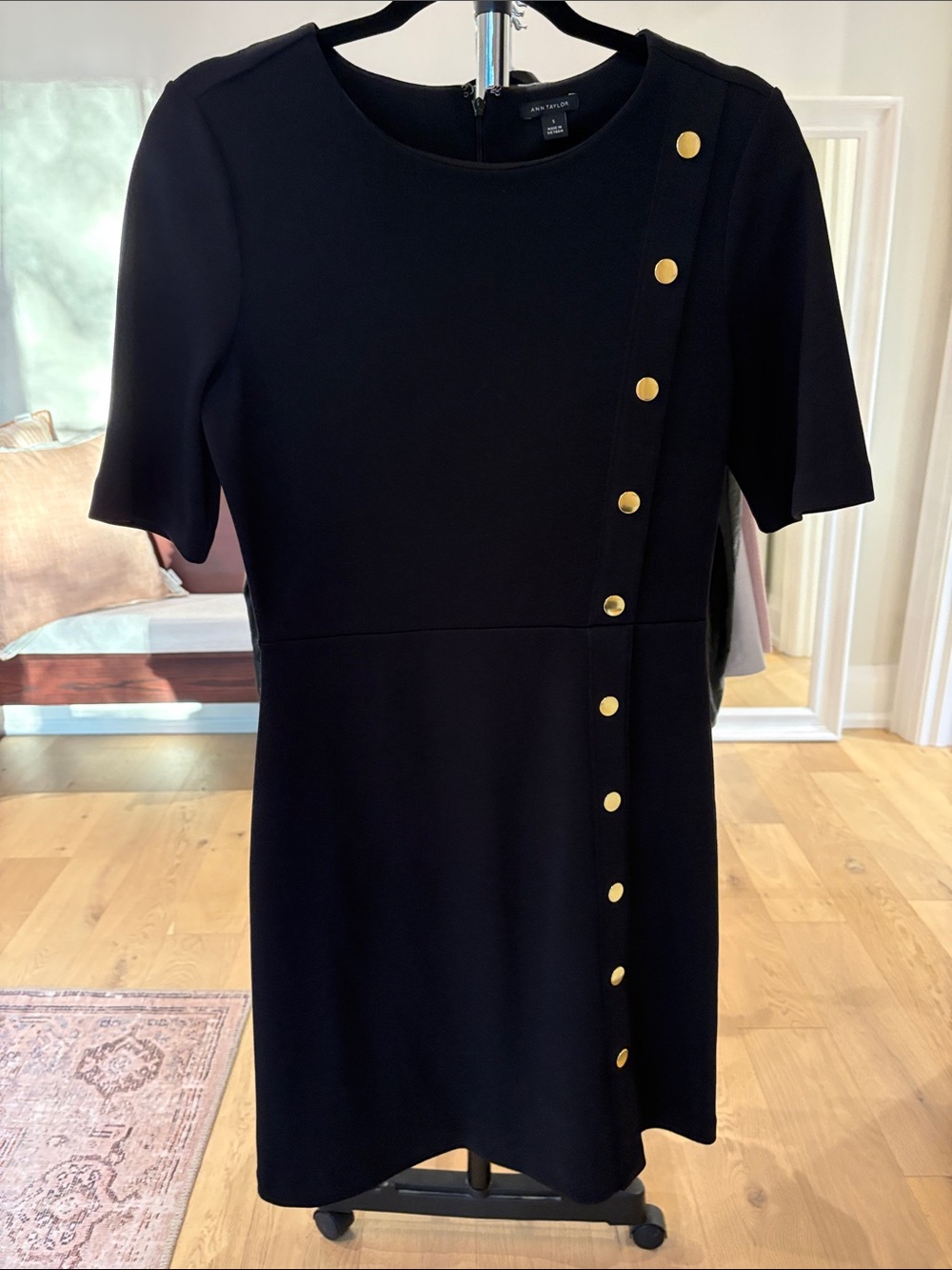 Ann Taylor Black Mini Dress with Gold Buttons Down Side